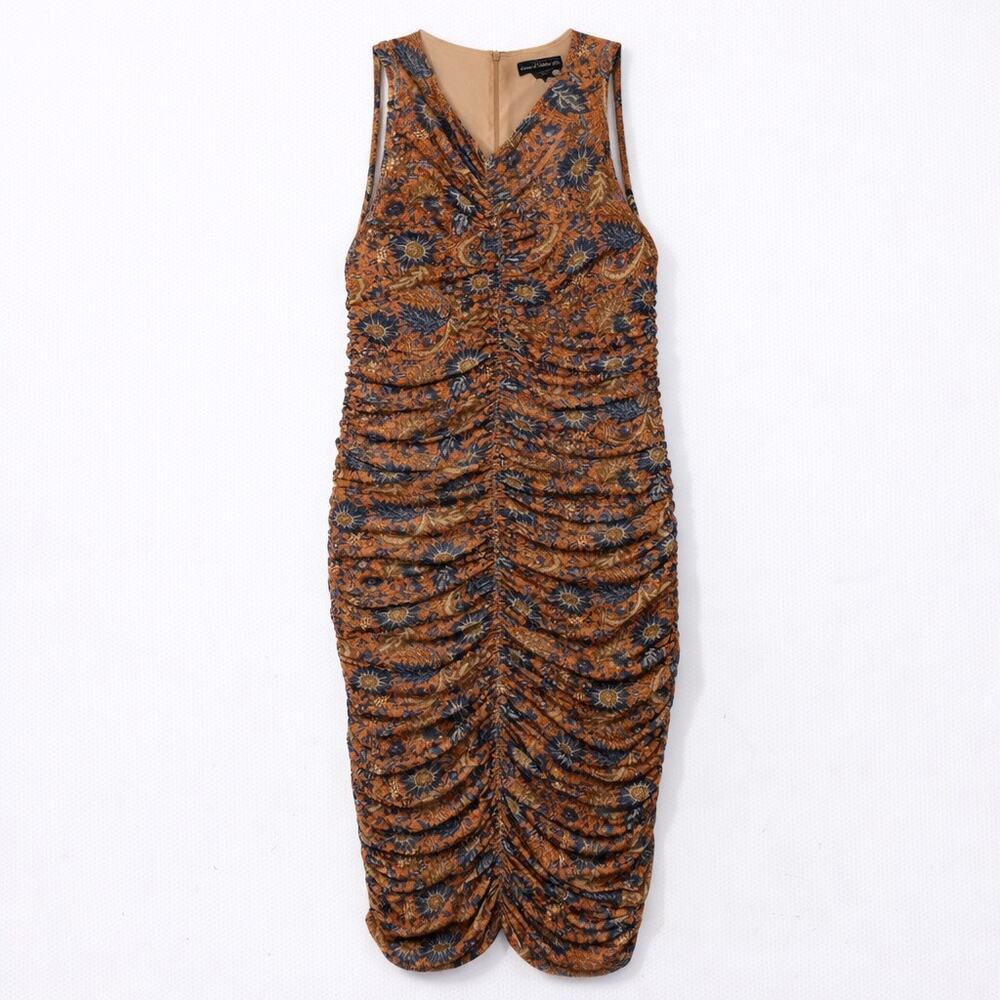 House of Harlow 1960 Ruched Floral Print Midi Dress Orange Blue L Zip Back Boho